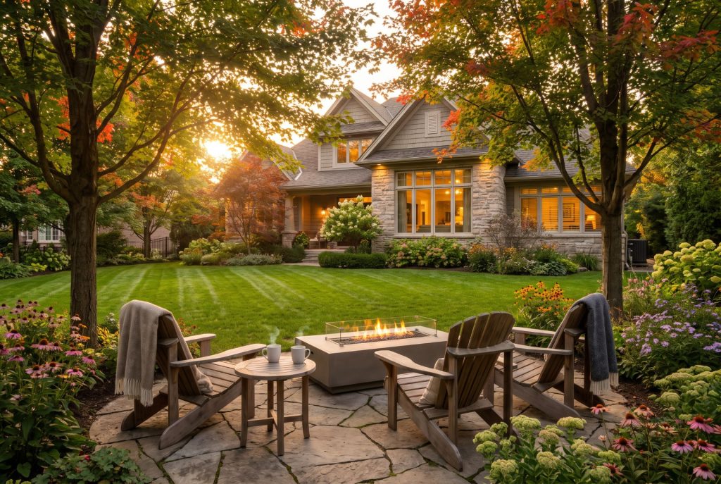 Beautiful Southern Ontario front entrance decorated for early fall with pumpkins, mums and warm evening light.