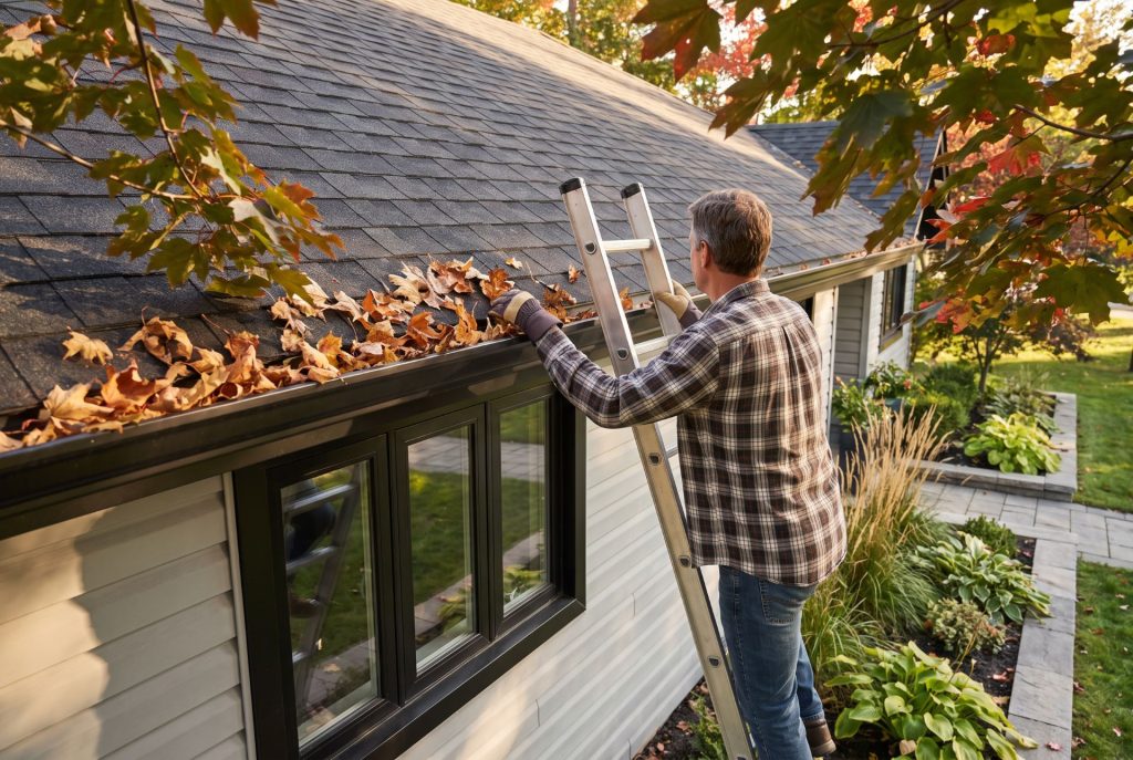 Homeowner pruning tree branches in a beautifully landscaped backyard during early autumn.