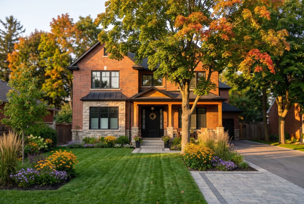 Beautiful detached home in Southern Ontario surrounded by colourful autumn trees during early September.
