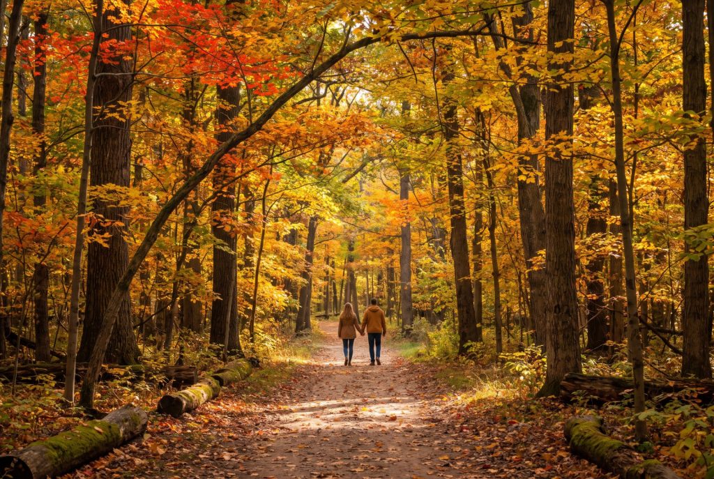 Scenic walking trail along the Grand River surrounded by colourful autumn trees in Brantford.