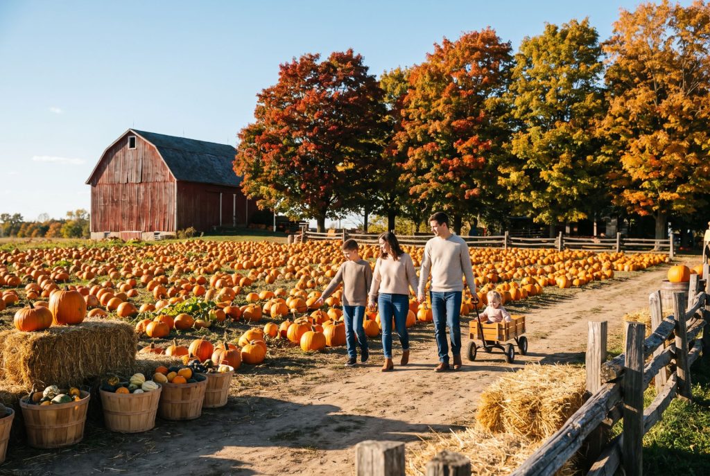 Family walking through a pumpkin patch at a Southern Ontario farm during autumn.