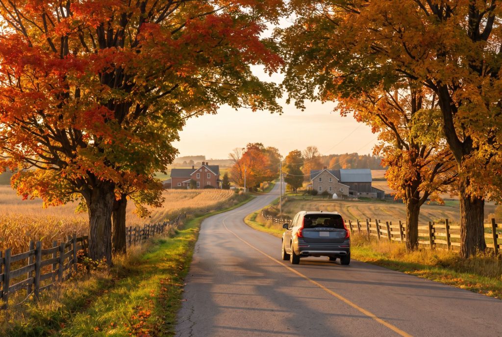 Scenic country road through Brant County surrounded by colourful autumn trees during peak fall colours.